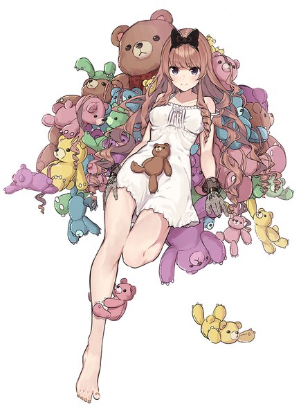 Anime picture 987x1361 with original teshima nari single long hair tall image brown hair white background purple eyes full body bent knee (knees) barefoot drill hair strap slip girl dress gloves bow hair bow toy stuffed animal