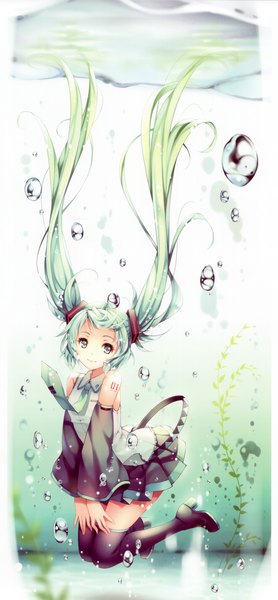 Anime picture 1779x3830 with vocaloid hatsune miku tidsean single tall image highres simple background white background twintails very long hair aqua eyes scan aqua hair underwater girl thighhighs skirt necktie bubble (bubbles) skirt set