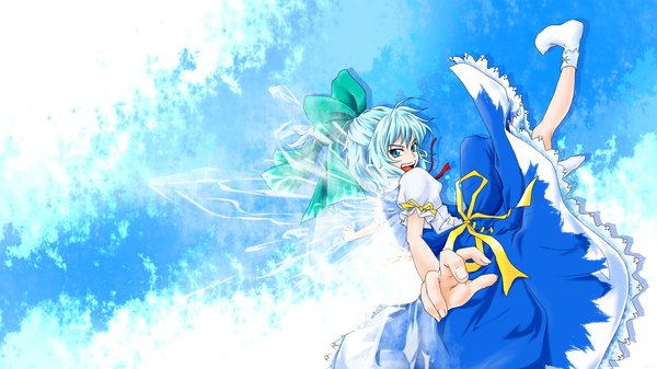 Anime picture 1920x1080 with touhou cirno kikurage (plastic people) highres wide image blue background girl