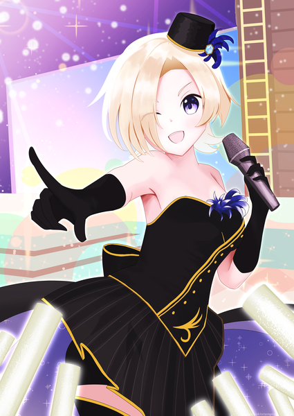 Anime picture 2900x4096 with love live! nijigasaki high school idol club sunrise (studio) love live! mia taylor aokiotemoto single tall image looking at viewer blush fringe highres short hair open mouth blonde hair smile purple eyes :d one eye closed wink hair over one eye