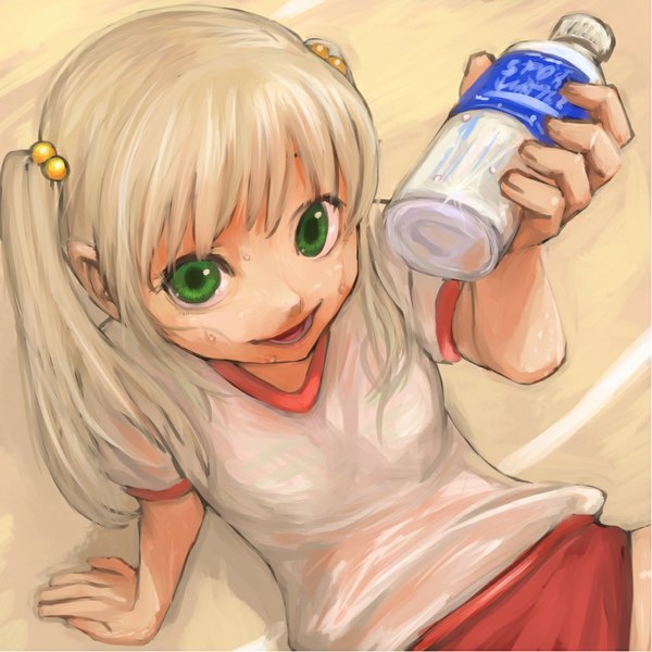 Anime picture 1029x1029 with katawa shoujo ibarazaki emi bukimi isan single long hair looking at viewer open mouth blonde hair smile sitting twintails green eyes girl uniform hair ornament school uniform water t-shirt gym uniform bottle