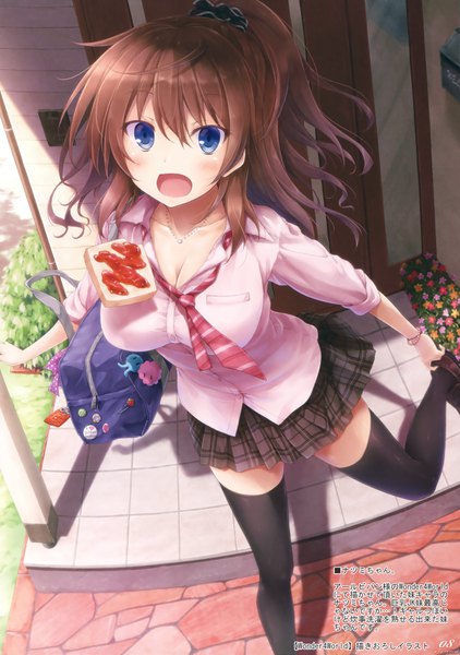 Anime picture 2319x3300 with suien single long hair tall image looking at viewer blush fringe highres breasts open mouth blue eyes hair between eyes brown hair cleavage ponytail scan zettai ryouiki girl thighhighs skirt
