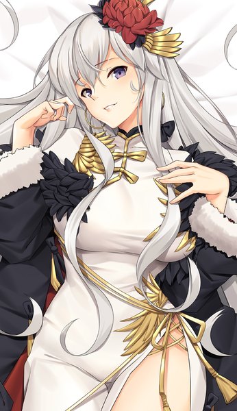 Anime picture 577x1000 with azur lane enterprise (azur lane) enterprise (blooming peony) (azur lane) tony guisado single long hair tall image looking at viewer blush fringe breasts hair between eyes large breasts purple eyes lying traditional clothes parted lips head tilt hair flower from above
