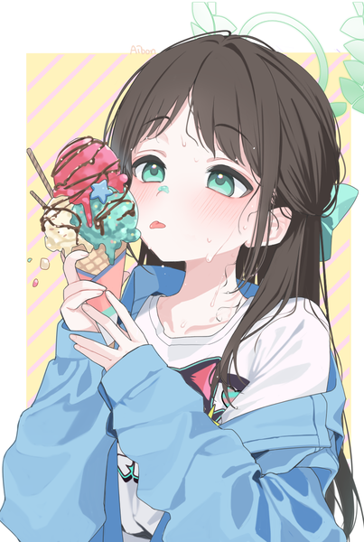 Anime-Bild 800x1190 mit blue archive airi (blue archive) airi (band) (blue archive) aibon single long hair tall image blush black hair looking away upper body aqua eyes sweat official alternate costume border half updo outside border food on face girl food