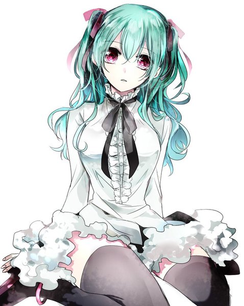 Anime picture 739x928 with d.gray-man lenalee lee shumiko (kamenokoueki) single long hair tall image looking at viewer fringe simple background hair between eyes white background sitting head tilt pink eyes aqua hair two side up wariza girl thighhighs skirt