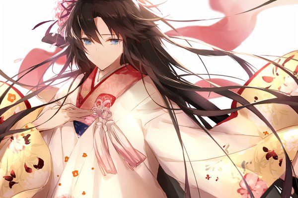 Anime picture 1000x666 with fate (series) fate/grand order kara no kyoukai type-moon ryougi shiki fukuda935 single long hair looking at viewer fringe blue eyes brown hair traditional clothes japanese clothes hair flower floral print girl flower (flowers) ribbon (ribbons) hair ribbon