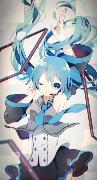 Anime picture 995x1835 with vocaloid hatsune miku komadori ui single long hair tall image looking at viewer blue eyes smile twintails blue hair nail polish one eye closed wind wink arms up armpit (armpits) hand on headphones girl detached sleeves