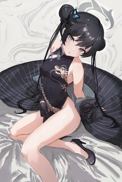 Anime picture 1120x1677 with blue archive kisaki (blue archive) yoyopipa single long hair tall image looking at viewer fringe light erotic black hair hair between eyes twintails traditional clothes head tilt from above bare legs :o grey eyes hair bun (hair buns) high heels