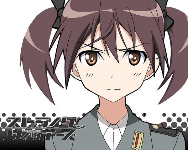 Anime picture 1280x1024 with strike witches gertrud barkhorn single looking at viewer short hair brown hair twintails brown eyes wallpaper copyright name short twintails vector girl uniform bow hair bow military uniform