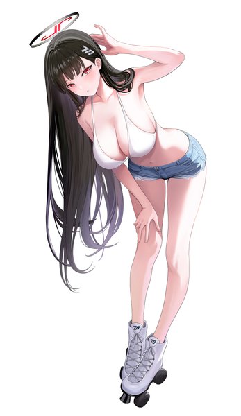 Anime picture 1500x2595 with blue archive rio (blue archive) kottungyang single long hair tall image looking at viewer fringe breasts light erotic black hair simple background red eyes large breasts standing white background full body blunt bangs arm up midriff