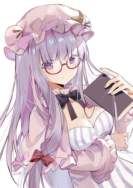 Anime picture 1000x1415 with touhou patchouli knowledge kita (kitairoha) single long hair tall image looking at viewer fringe breasts simple background white background purple eyes cleavage purple hair upper body breast hold bespectacled girl bow hair bow