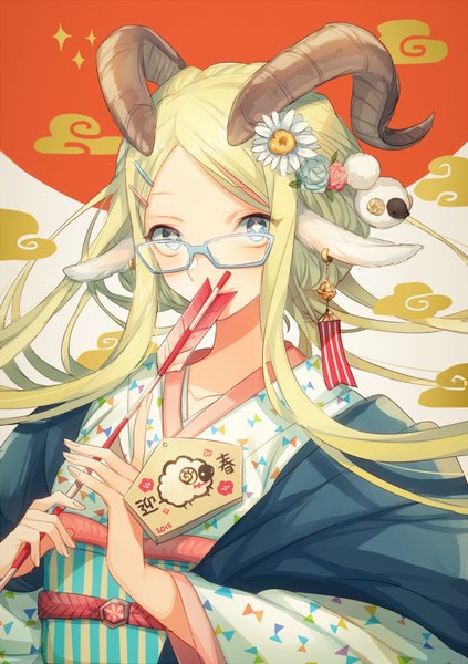 Anime picture 635x900 with original asuda (artist) single long hair tall image looking at viewer blue eyes blonde hair traditional clothes japanese clothes horn (horns) new year 2015 sheep girl sheep ears girl hair ornament glasses kimono bell