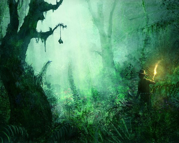 Anime picture 1280x1024 with original weapon plant (plants) tree (trees) forest skull torch