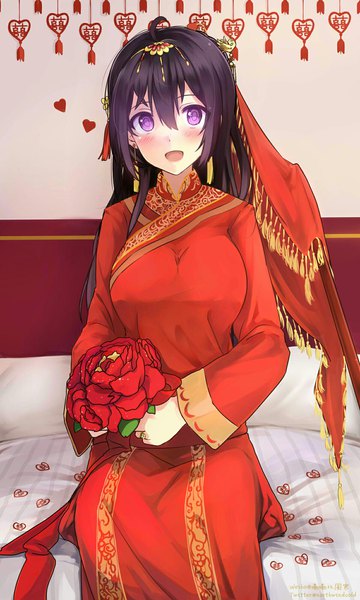 Anime picture 1200x2000 with original miyaura sanshio beifeng han single long hair tall image looking at viewer blush fringe breasts black hair hair between eyes large breasts sitting purple eyes holding indoors traditional clothes happy chinese clothes