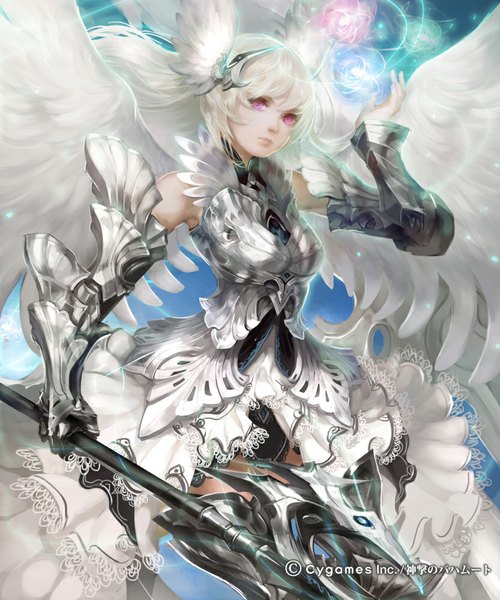 Anime picture 833x1000 with youshun (naturaljuice) single long hair tall image fringe breasts simple background looking away white hair pink eyes glowing blue background head wings girl dress gloves weapon wings armor huge weapon