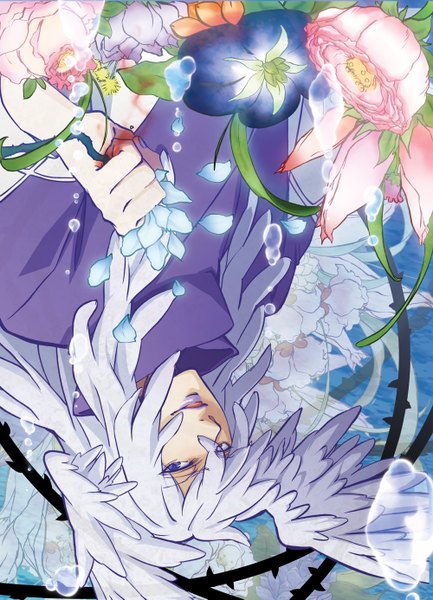 Anime picture 1000x1385 with aquarion (series) aquarion evol satelight mykage single long hair tall image open mouth purple eyes white hair boy flower (flowers) petals wings feather (feathers)