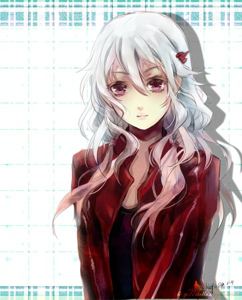 Anime picture 1143x1414 with guilty crown production i.g yuzuriha inori stells single long hair tall image red eyes signed white hair wavy hair girl hair ornament hairclip