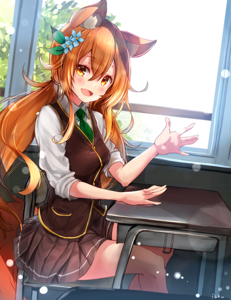 Anime picture 2149x2787 with shironeko project korin (shironeko project) fuku kitsune (fuku fox) single long hair tall image looking at viewer blush fringe highres open mouth smile hair between eyes sitting twintails signed animal ears yellow eyes payot bent knee (knees)