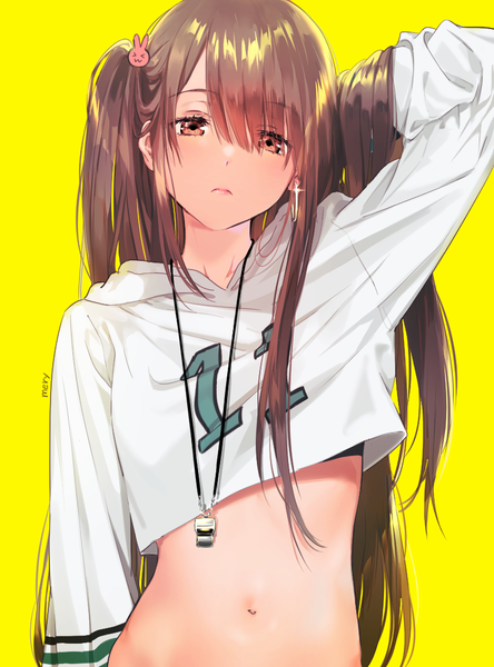 Anime-Bild 800x1081 mit original mery (yangmalgage) single long hair tall image looking at viewer blush fringe simple background brown hair brown eyes signed payot upper body hair over one eye one side up adjusting hair yellow background girl navel