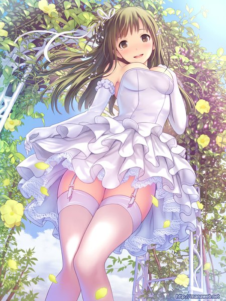Anime picture 600x800 with ilog tsutsui aki mana kakkowarai single long hair tall image blush breasts open mouth light erotic smile brown hair bare shoulders brown eyes sky cloud (clouds) girl dress gloves flower (flowers)