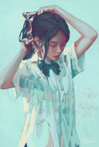Anime picture 3801x5600 with original nixeu single long hair tall image highres black hair simple background absurdres eyes closed realistic arms up short sleeves adjusting hair blue background tying hair girl shirt white shirt bowtie