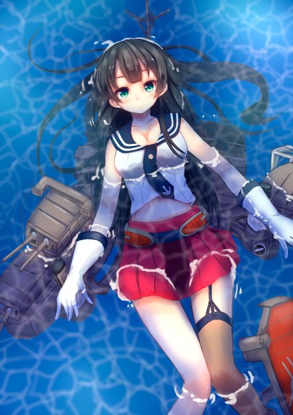 Anime picture 848x1200 with kantai collection konkito long hair tall image looking at viewer blue eyes black hair smile thigh gap knees together feet apart girl skirt gloves weapon water