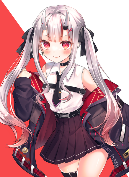 Anime picture 1213x1667 with virtual youtuber hololive nakiri ayame nakiri ayame (streetwear) haruhitooo single long hair tall image blush smile red eyes twintails looking away silver hair pleated skirt multicolored hair horn (horns) open jacket streaked hair official alternate costume