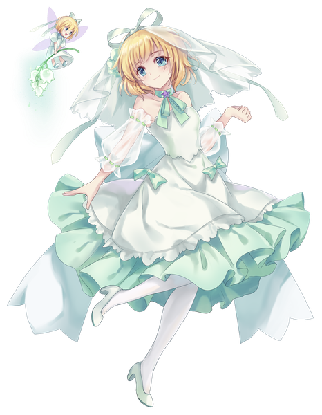 Anime picture 1000x1286 with touhou medicine melancholy su-san hichou tall image short hair blue eyes blonde hair smile bare shoulders multiple girls looking away full body alternate costume transparent background fantasy fairy girl dress flower (flowers)