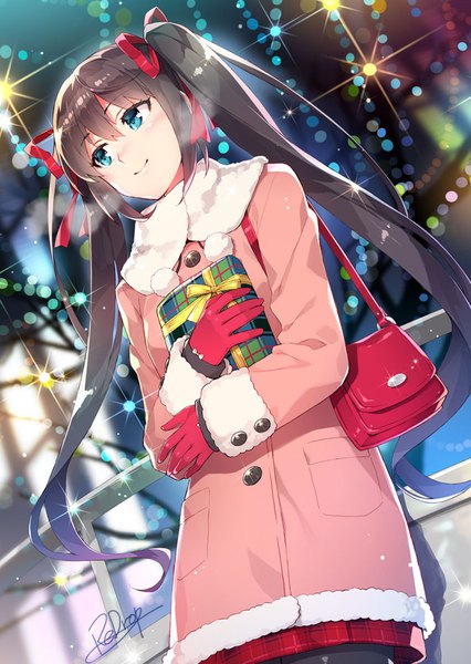 Anime picture 682x960 with chuuko de mo koi ga shitai! ayame kotoko redrop single long hair tall image blush fringe blue eyes black hair smile hair between eyes twintails signed looking away outdoors aqua eyes light smile blurry official art