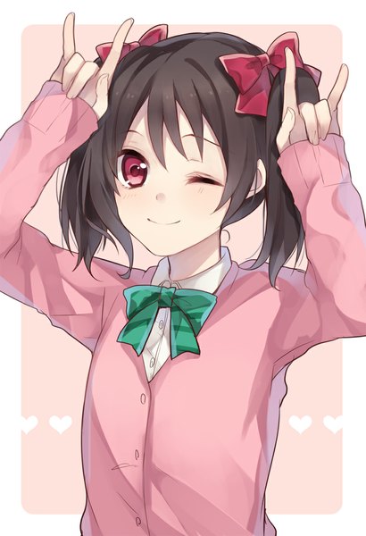 Anime picture 800x1168 with love live! school idol project sunrise (studio) love live! yazawa nico ichinose (sorario) single tall image looking at viewer short hair black hair smile red eyes twintails one eye closed wink mmm girl uniform bow hair bow