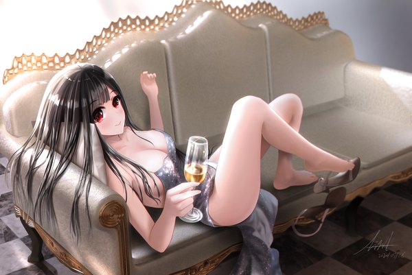 Anime picture 2167x1448 with original liht single long hair looking at viewer blush fringe highres breasts light erotic black hair smile red eyes large breasts holding signed cleavage bent knee (knees) indoors blunt bangs