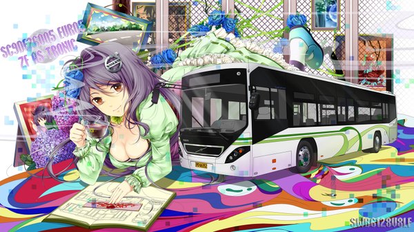 Anime picture 1535x864 with hongmao long hair looking at viewer wide image brown eyes hair flower grey hair girl dress hair ornament flower (flowers) rose (roses) cup ground vehicle blue rose picture bus