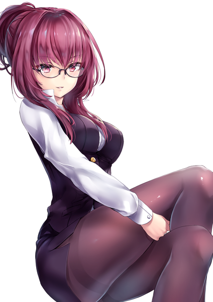 Anime picture 1191x1684 with fate (series) fate/grand order scathach (fate) (all) scathach (fate) hane yuki single long hair tall image looking at viewer blush fringe light erotic simple background smile hair between eyes red eyes white background sitting purple hair ponytail