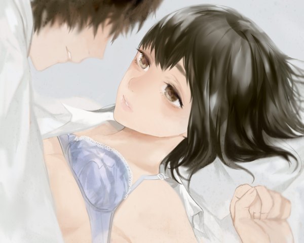 Anime picture 1250x1000 with original tcb (pixiv) blush fringe brown hair brown eyes lying eye contact girl boy