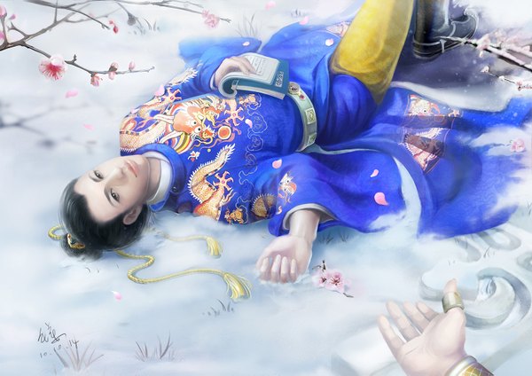 Anime-Bild 1500x1061 mit real life zhu yunwen ginger-j black hair signed lying traditional clothes on back grey eyes cherry blossoms chinese clothes snow boy flower (flowers) petals belt book (books) ring branch hand