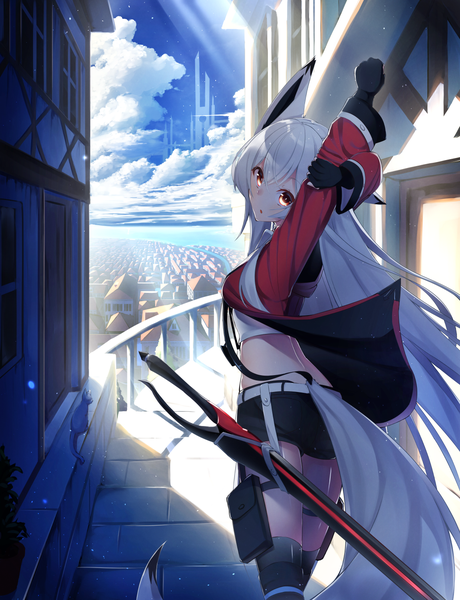 Anime picture 1152x1500 with original shiro youduki single long hair tall image looking at viewer blush fringe open mouth hair between eyes red eyes animal ears sky silver hair cloud (clouds) outdoors tail head tilt animal tail wind