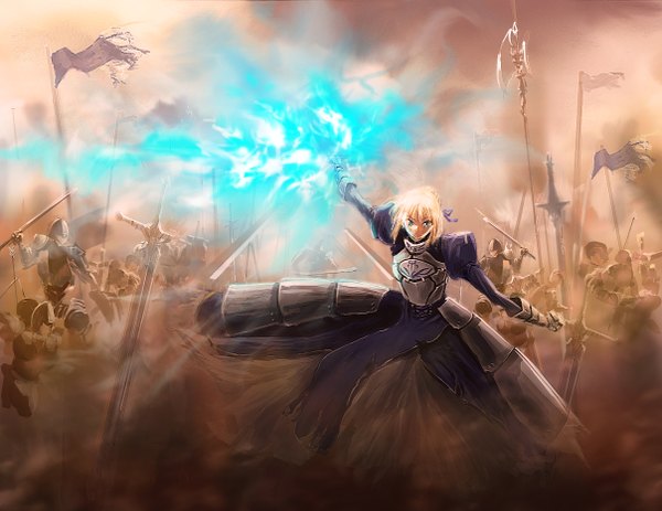 Anime picture 1208x934 with fate (series) fate/stay night studio deen type-moon artoria pendragon (all) saber tagme (artist) single looking at viewer fringe blonde hair aqua eyes glowing smoke army girl dress gloves ribbon (ribbons) weapon