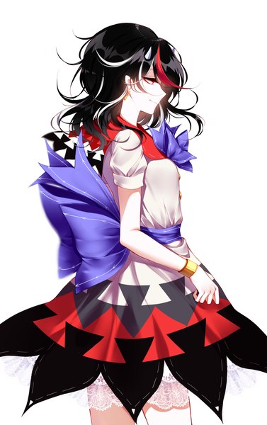 Anime picture 2200x3500 with touhou kijin seija sheya single long hair tall image highres black hair simple background smile red eyes white background looking away profile multicolored hair horn (horns) short sleeves streaked hair girl dress