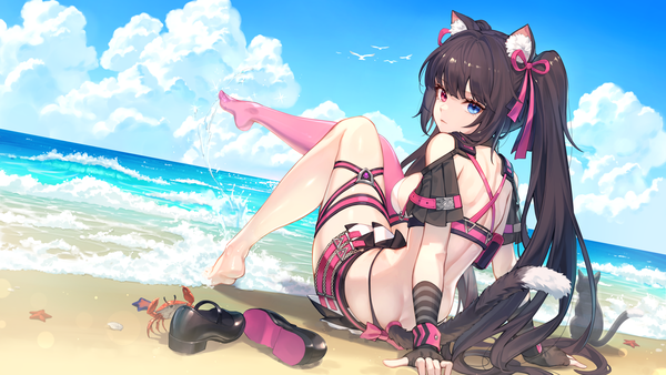 Anime picture 5760x3240 with goddess of victory: nikke nero (nikke) baek hyang single long hair looking at viewer fringe highres breasts blue eyes light erotic black hair red eyes wide image large breasts sitting twintails animal ears payot absurdres