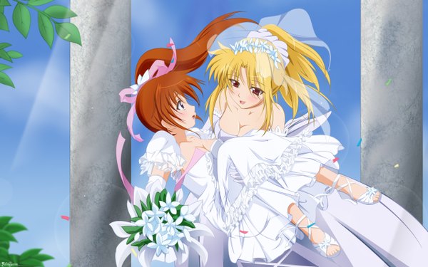 Anime picture 2560x1600 with mahou shoujo lyrical nanoha fate testarossa takamachi nanoha solwyvern rato long hair highres breasts blonde hair brown hair wide image large breasts multiple girls brown eyes ponytail vector third-party edit carrying princess carry girl