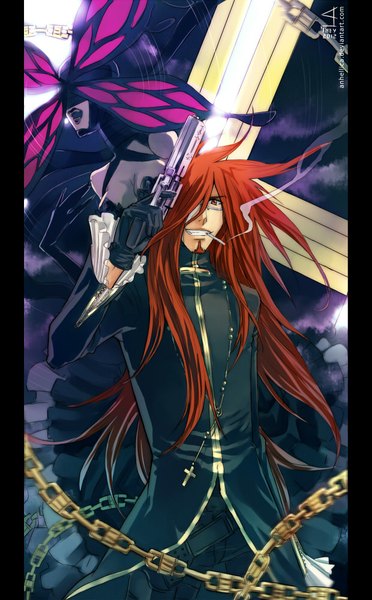 Anime picture 620x1000 with d.gray-man cross marian grave of maria anhellica tall image fringe red eyes red hair hair over one eye night singing girl dress boy gloves weapon elbow gloves gun moon chain