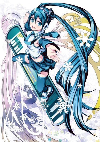 Anime picture 849x1200 with vocaloid hatsune miku torigoe takumi single long hair tall image looking at viewer open mouth blue eyes twintails blue hair spread arms girl thighhighs skirt necktie shoes headphones snowflake (snowflakes) earmuffs