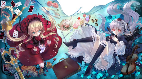 Anime picture 2521x1400 with rozen maiden suigintou shinku sptuel long hair looking at viewer fringe highres blonde hair hair between eyes red eyes wide image twintails multiple girls signed silver hair full body bent knee (knees) aqua eyes light smile