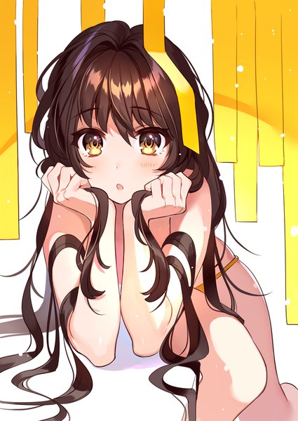 Anime picture 1075x1518 with original comeo single long hair tall image looking at viewer blush fringe open mouth light erotic simple background hair between eyes brown hair white background sitting yellow eyes :o chin rest hands on face girl