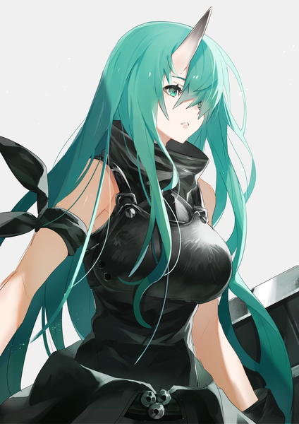 Anime picture 1202x1700 with arknights hoshiguma (arknights) muraki (owantogohan) single long hair tall image fringe breasts simple background large breasts looking away upper body horn (horns) aqua eyes hair over one eye aqua hair grey background sleeveless oni horns girl