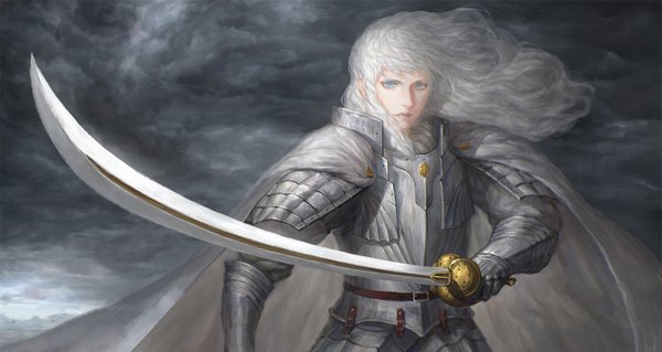 Anime picture 1600x853 with berserk griffith diaodiao single long hair looking at viewer blue eyes wide image sky white hair wind dark background serious boy weapon sword armor cloak