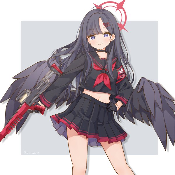 Anime picture 2000x2000 with blue archive ichika (blue archive) saekiya sabou single long hair looking at viewer fringe highres blue eyes black hair simple background smile standing blunt bangs pleated skirt grey background hand on hip border black wings outside border