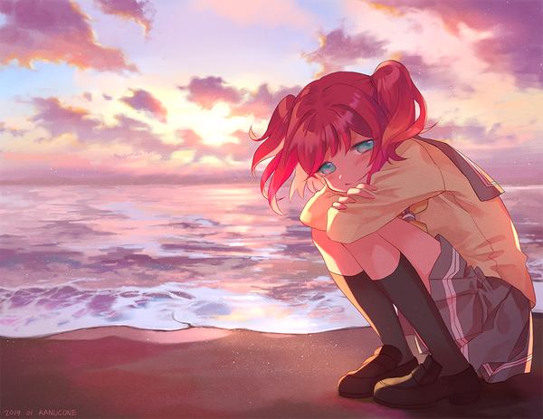 Anime picture 1000x772 with love live! sunshine!! sunrise (studio) love live! kurosawa ruby kanucone single looking at viewer fringe short hair smile signed pink hair sky cloud (clouds) full body aqua eyes wind two side up beach dated