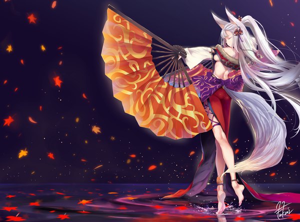 Anime picture 1060x785 with granblue fantasy socie (granblue fantasy) fukai ryosuke single long hair breasts light erotic simple background standing holding signed animal ears silver hair ass ponytail tail eyes closed animal tail profile barefoot