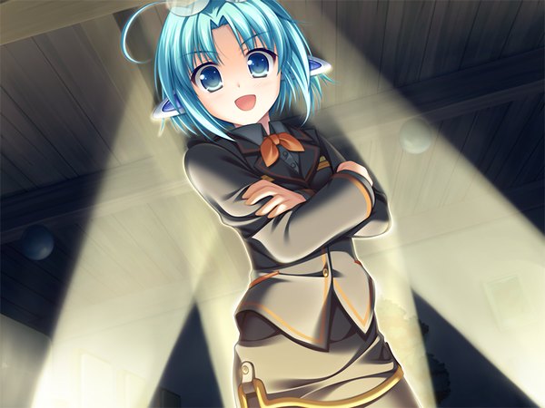 Anime picture 1024x768 with w. l. o. sekai ren'ai kikou ina (w.l.o. sekai ren'ai kikou) single short hair open mouth blue eyes blue hair game cg loli girl